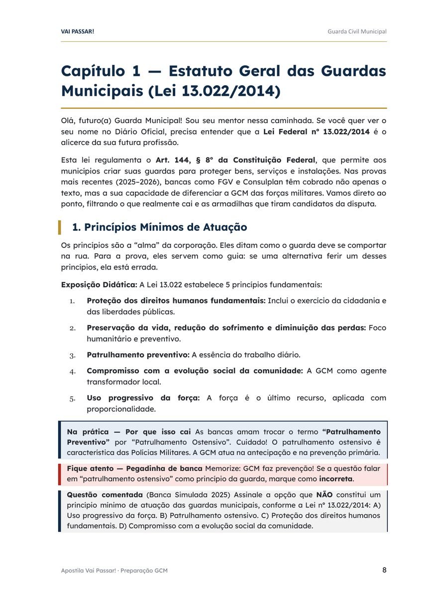 Página 8 da apostila Vai Passar!: Cap. 1 · Lei 13.022 — princípios, pegadinha de banca e questão comentada